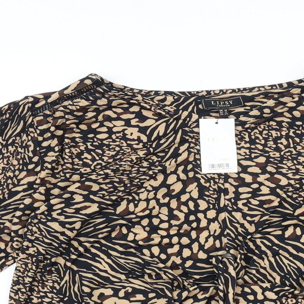 Lipsy Womens Brown Animal Print Viscose Basic Blouse Size 12 V-Neck - Leopard Print Tie Front