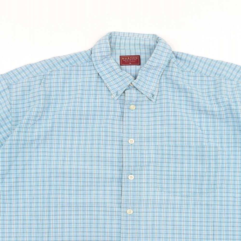 Burton Mens Blue Check Cotton Button-Up Size L Collared Button