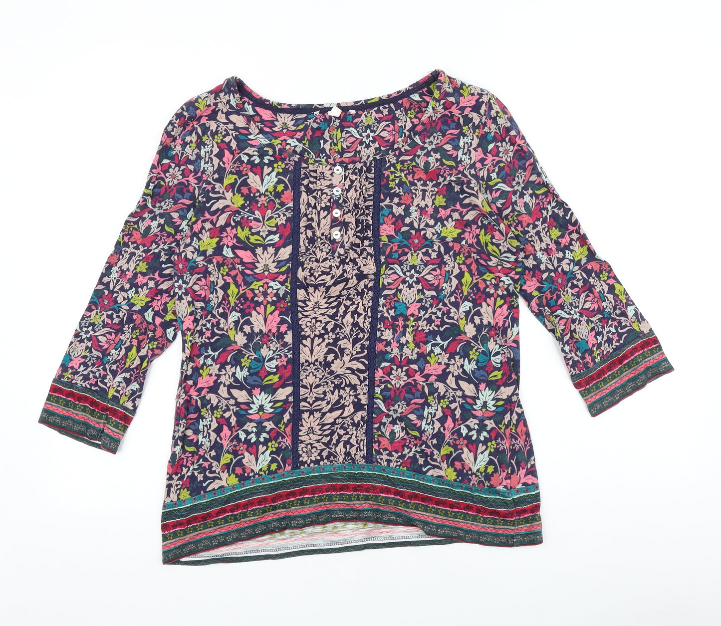 Preworn Womens Blue Floral 100% Cotton Basic Blouse Size 12 Boat Neck