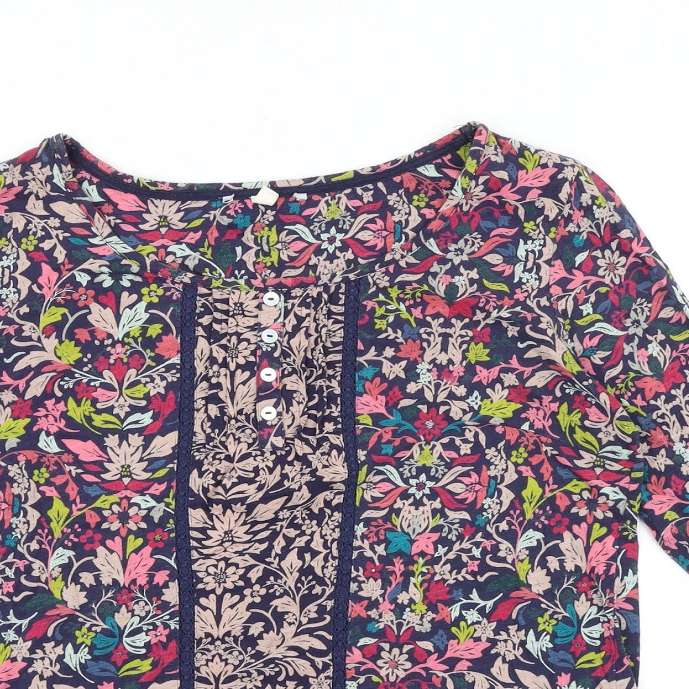 Preworn Womens Blue Floral 100% Cotton Basic Blouse Size 12 Boat Neck