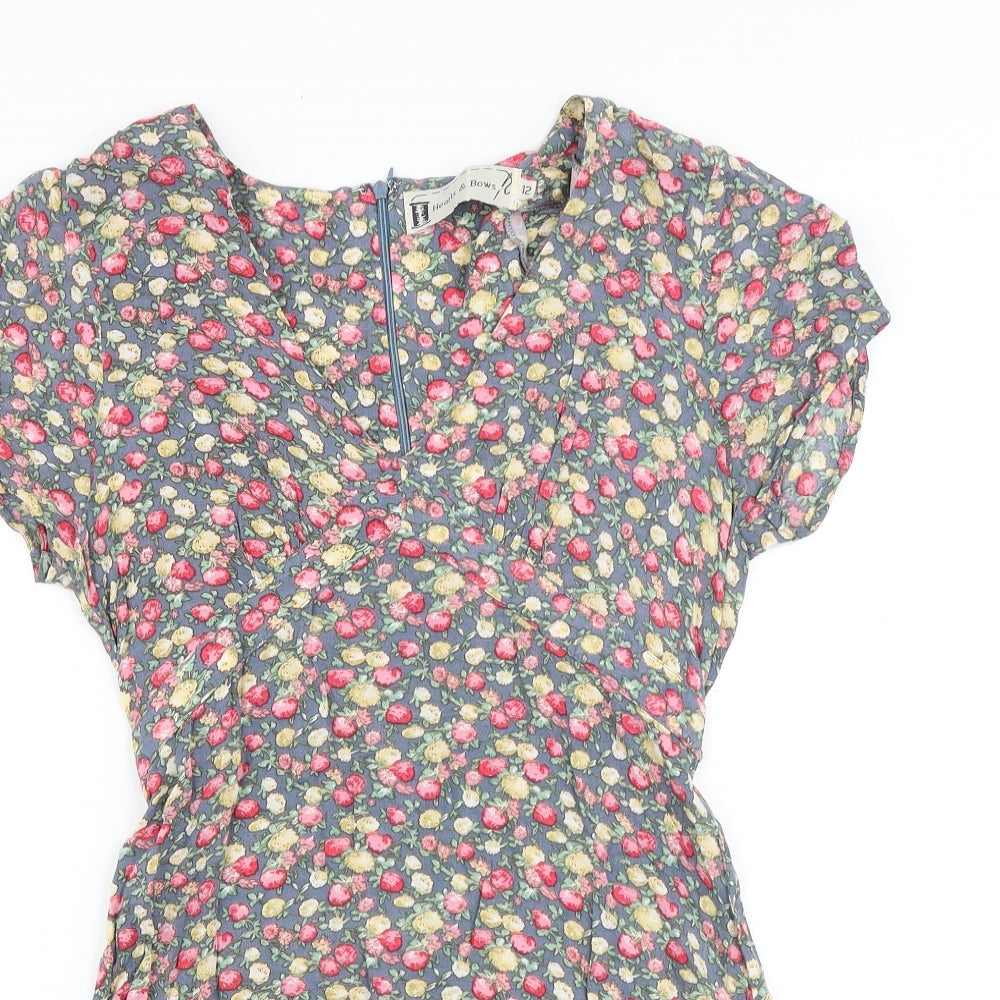 Hearts & Bows Womens Green Floral 100% Cotton Skater Dress Size 12 V-Neck Zip