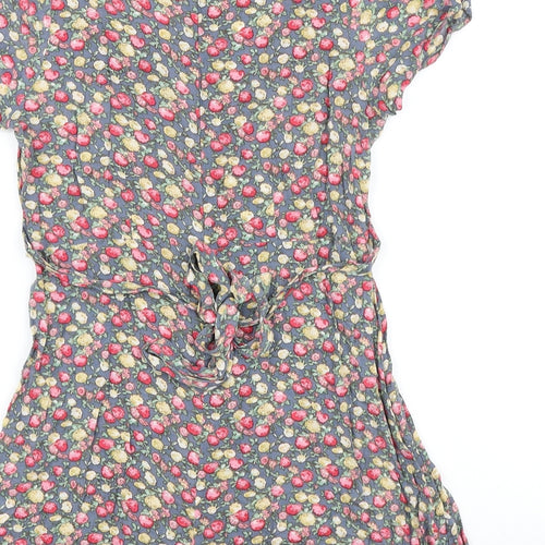 Hearts & Bows Womens Green Floral 100% Cotton Skater Dress Size 12 V-Neck Zip