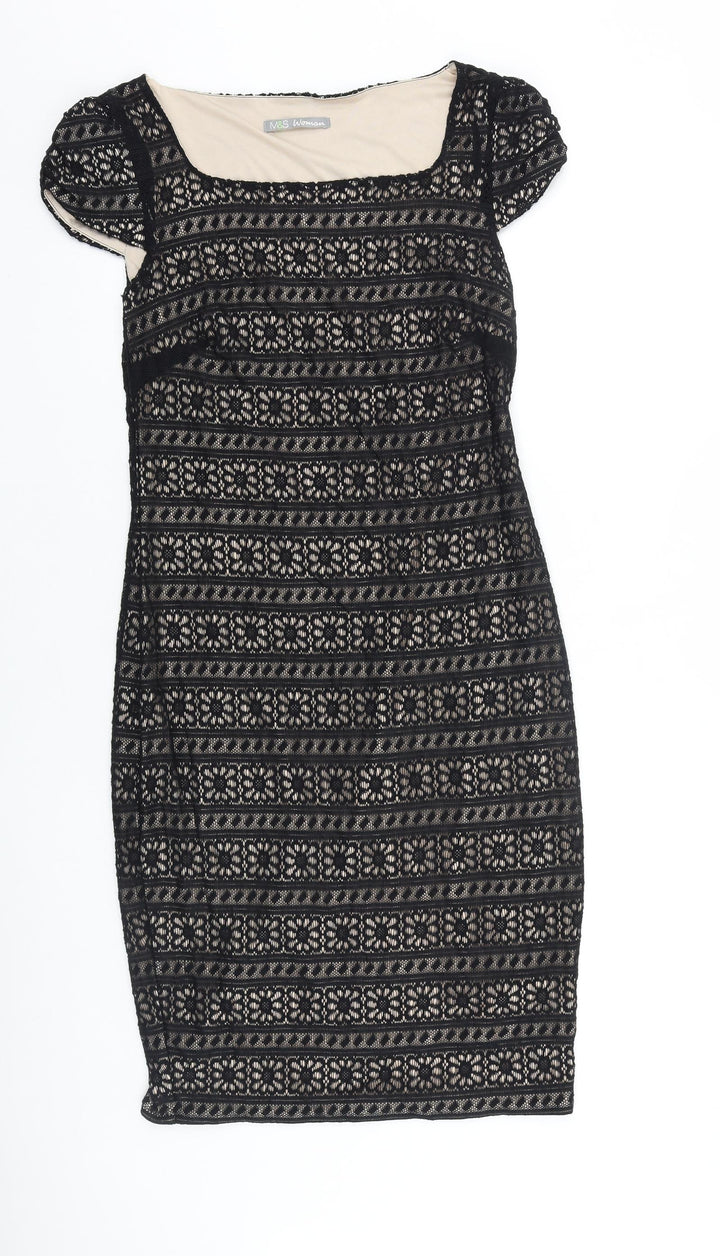 Marks and Spencer Womens Black 100% Cotton Pencil Dress Size 8 Square Neck Pullover