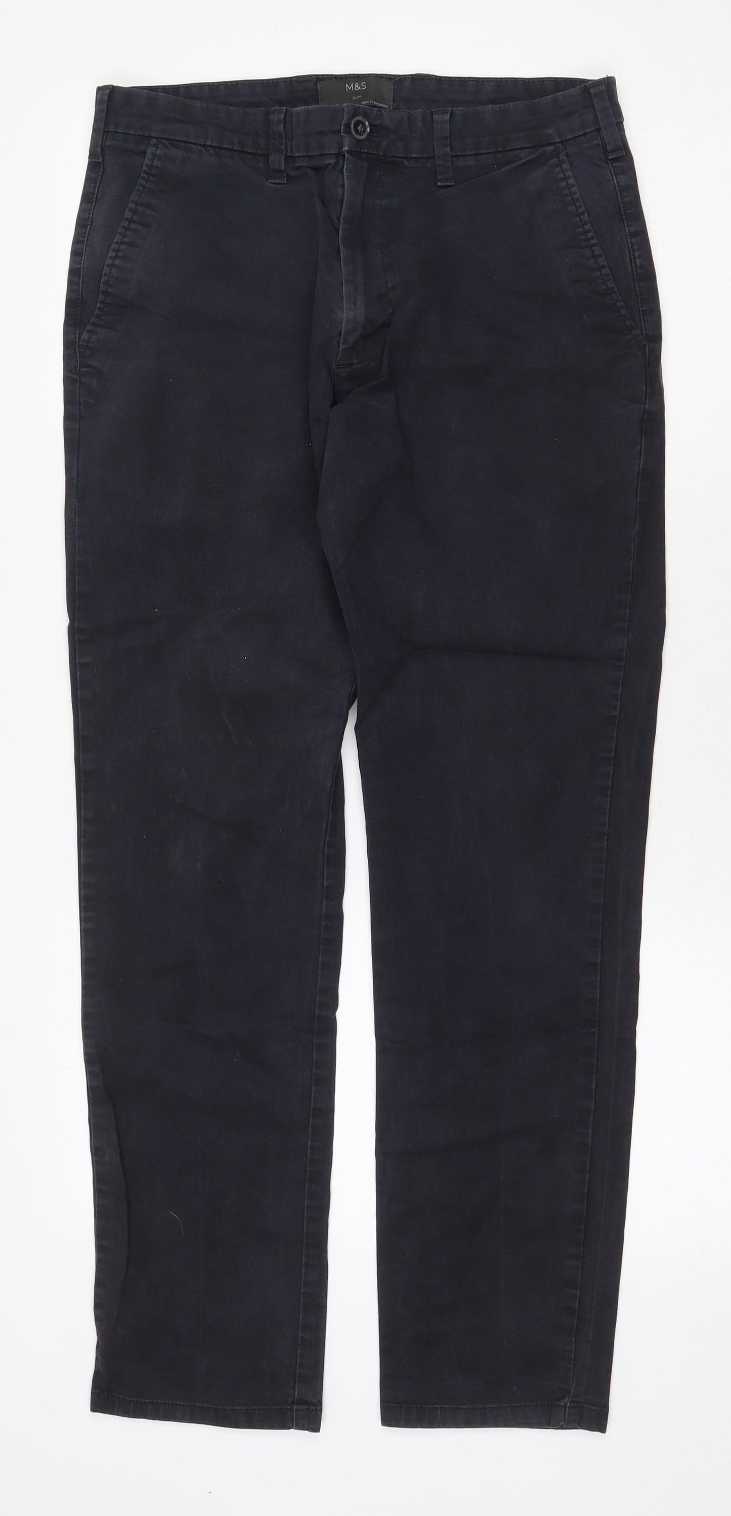 Marks and Spencer Mens Blue Cotton Trousers Size 32 in Regular Zip