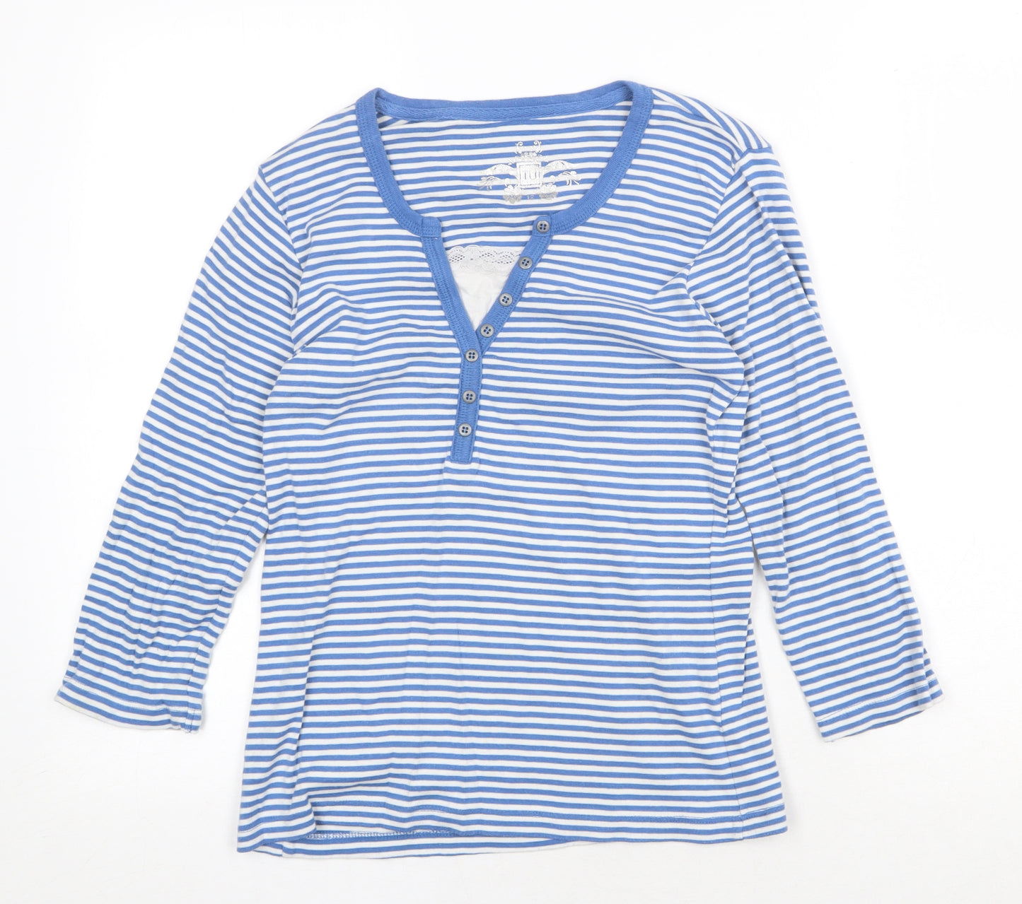 TU Womens Blue Striped 100% Cotton Basic Blouse Size 12 Henley