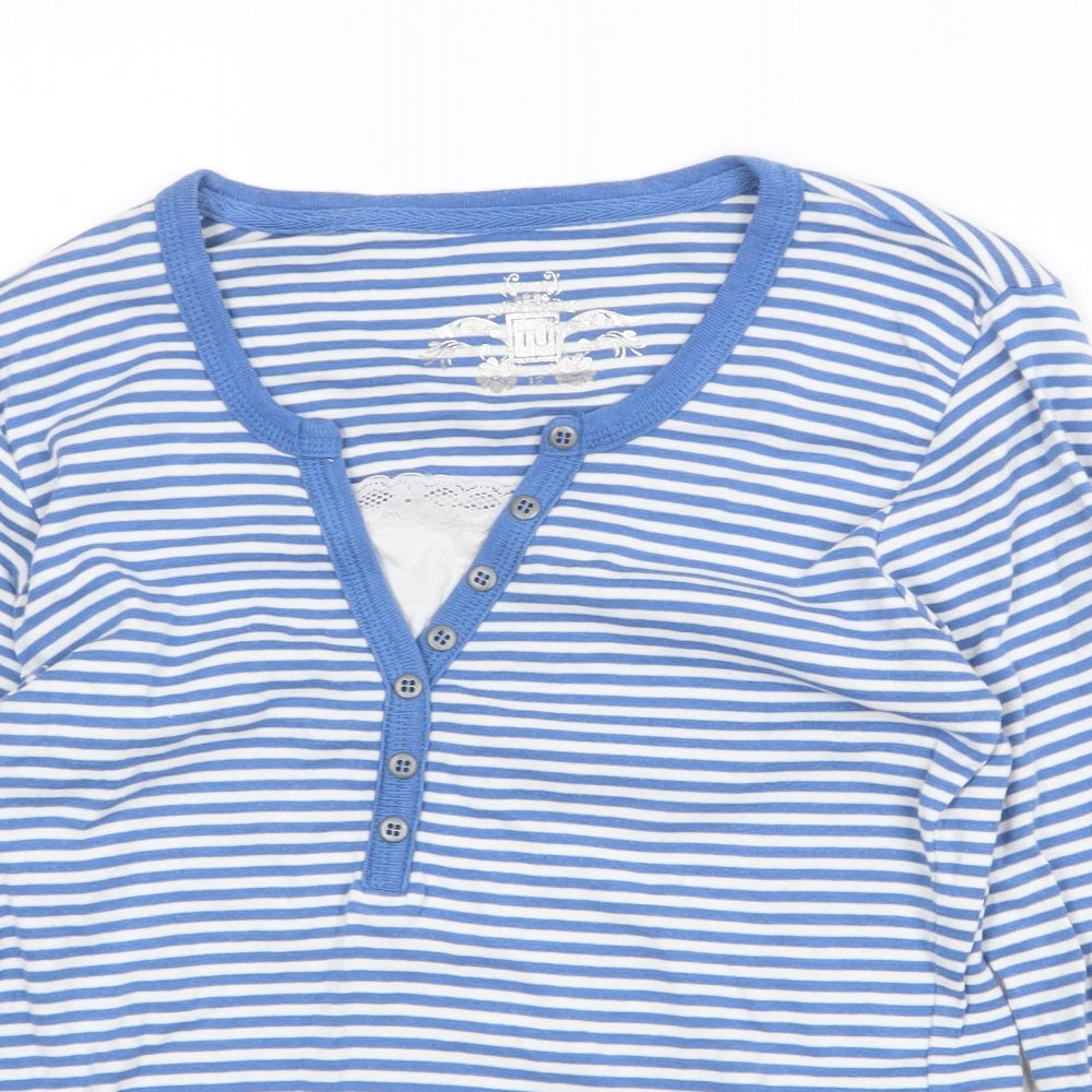 TU Womens Blue Striped 100% Cotton Basic Blouse Size 12 Henley
