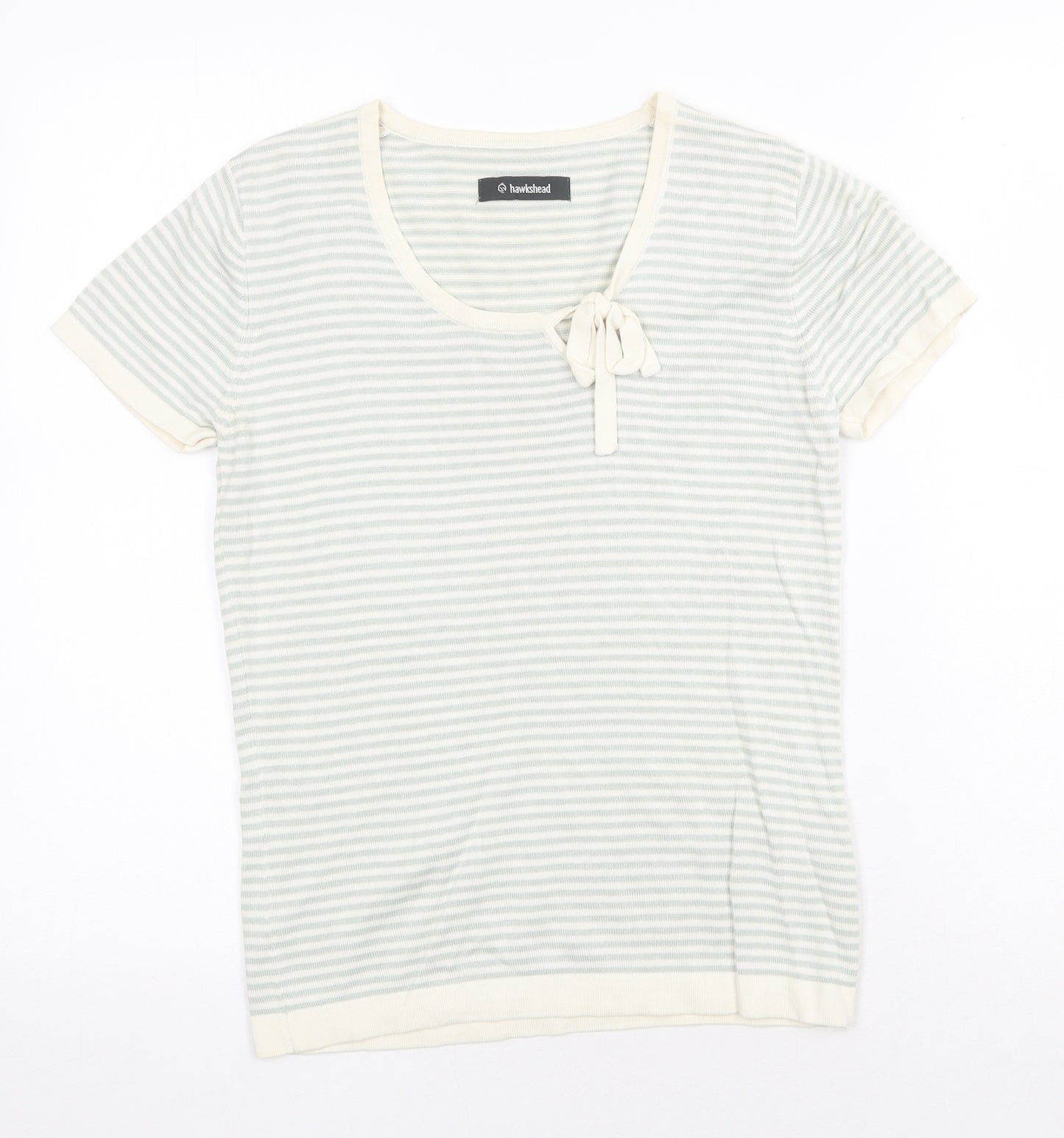 Hawkshead Womens Green Striped Silk Basic T-Shirt Size 12 Scoop Neck