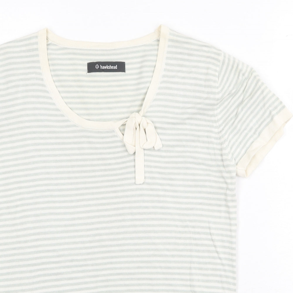 Hawkshead Womens Green Striped Silk Basic T-Shirt Size 12 Scoop Neck