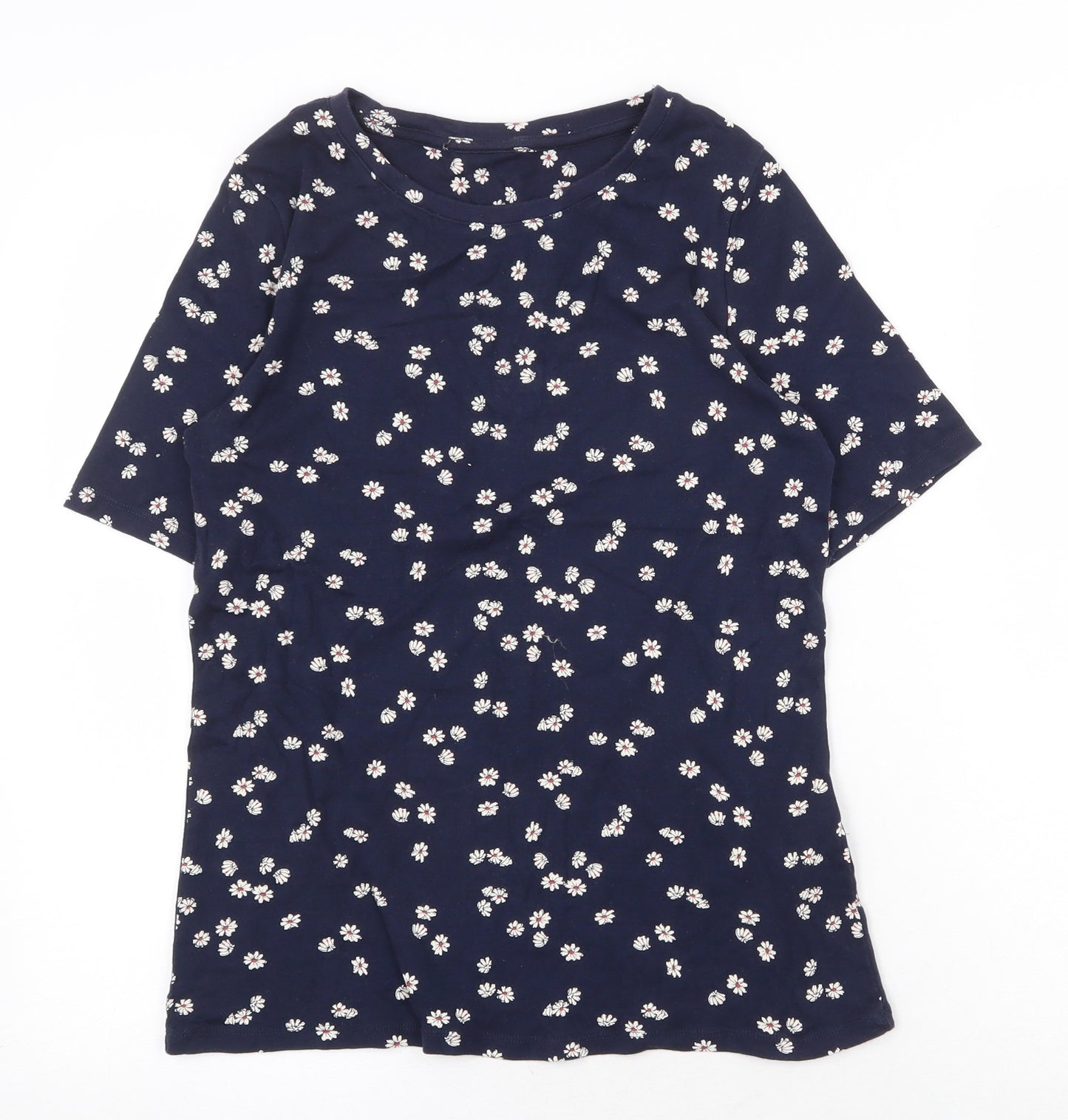 Marks and Spencer Womens Blue Fair Isle Cotton Basic T-Shirt Size 14 Round Neck