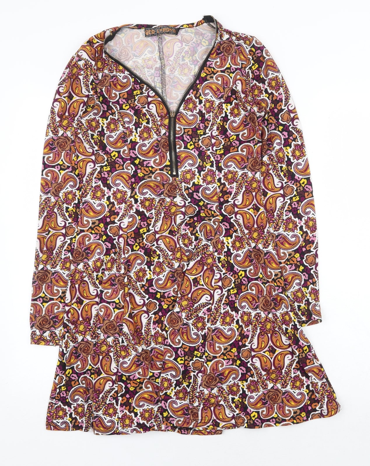 QED London Womens Multicoloured Paisley Polyester A-Line Size 10 V-Neck Zip
