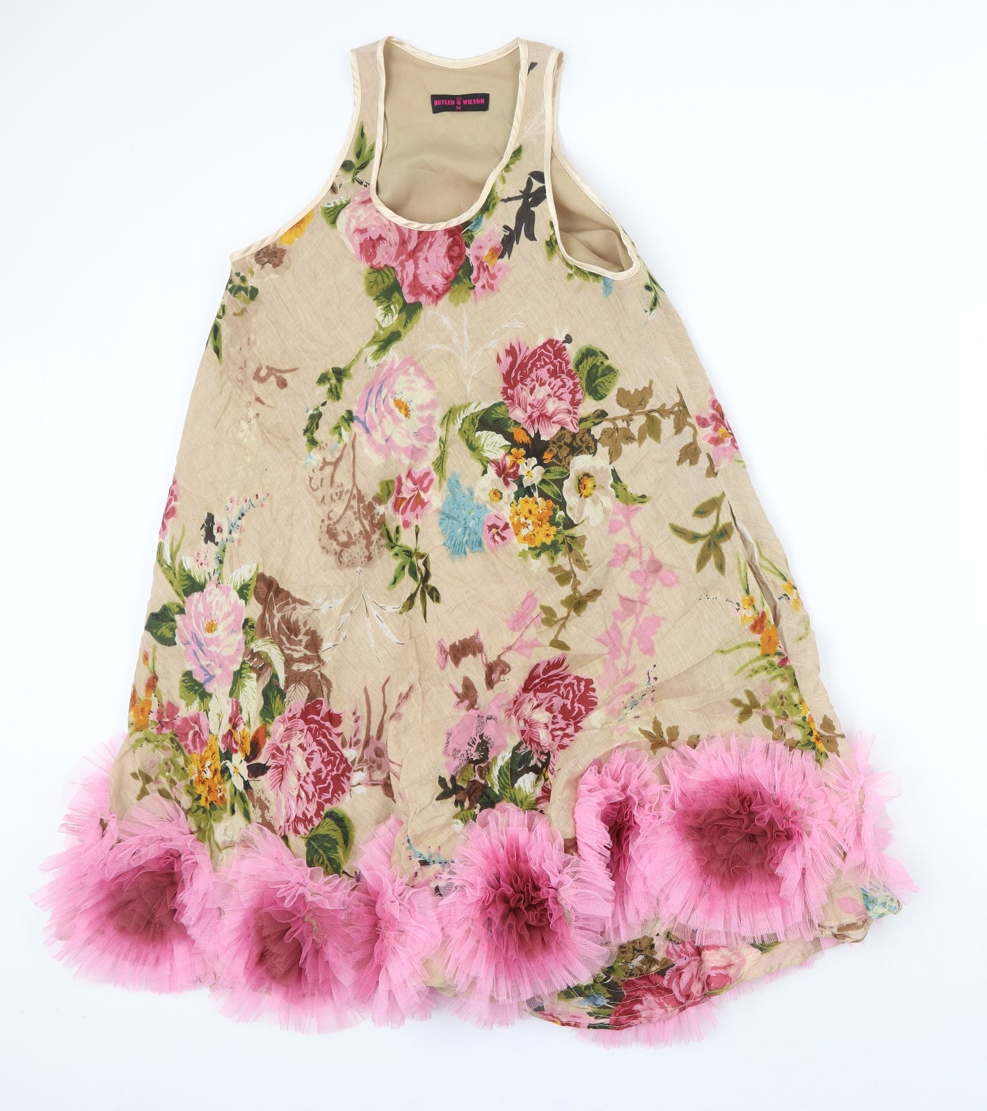 Butler & Wilson Womens Beige Floral Viscose Tank Dress Size M Scoop Neck Pullover - 3D Flower Detail