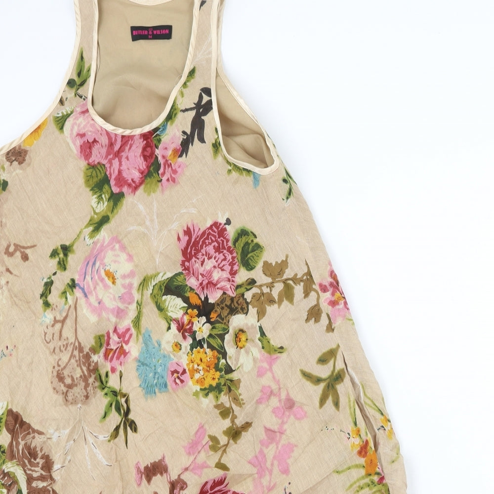 Butler & Wilson Womens Beige Floral Viscose Tank Dress Size M Scoop Neck Pullover - 3D Flower Detail
