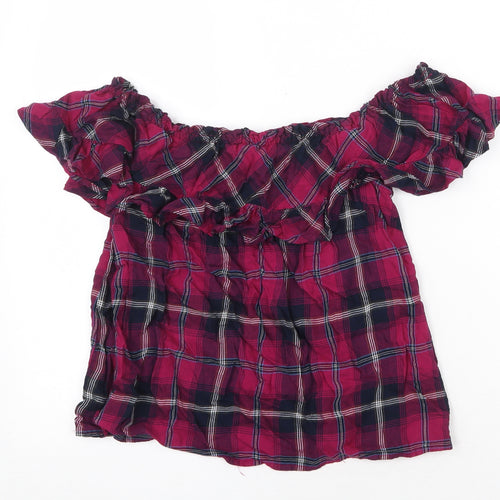 Stradivarius Womens Purple Plaid Viscose Basic Blouse Size M Off the Shoulder - Bardot