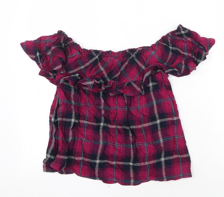 Stradivarius Womens Purple Plaid Viscose Basic Blouse Size M Off the Shoulder - Bardot