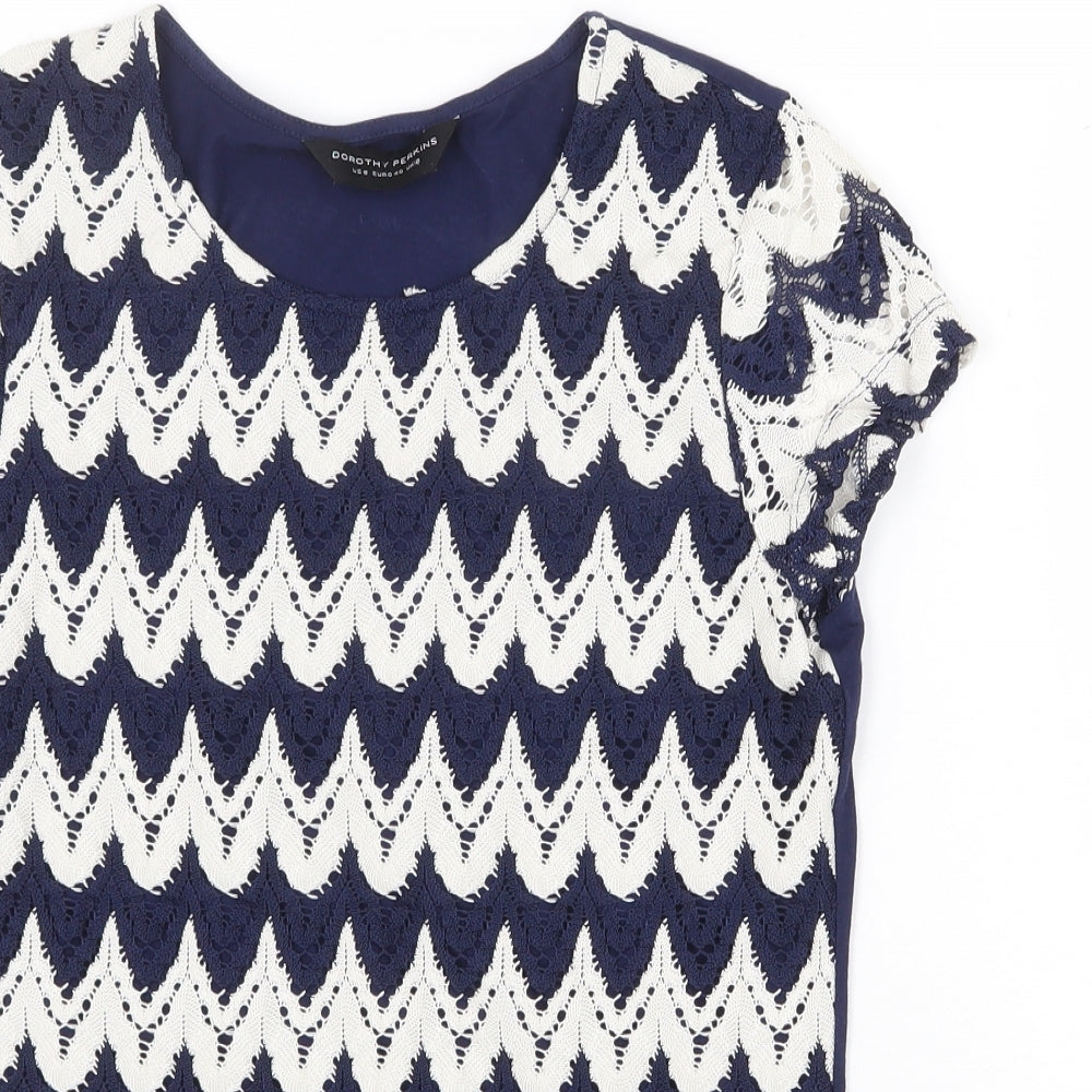 Dorothy Perkins Womens Blue Striped Polyester Basic T-Shirt Size 12 Scoop Neck