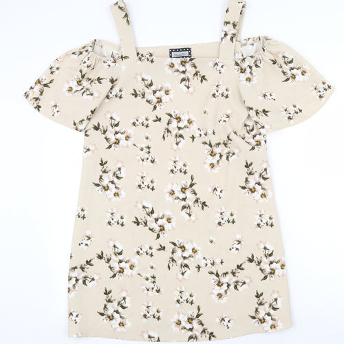 Girl in Mind Womens Beige Floral Polyester Mini Size 10 Off the Shoulder Pullover
