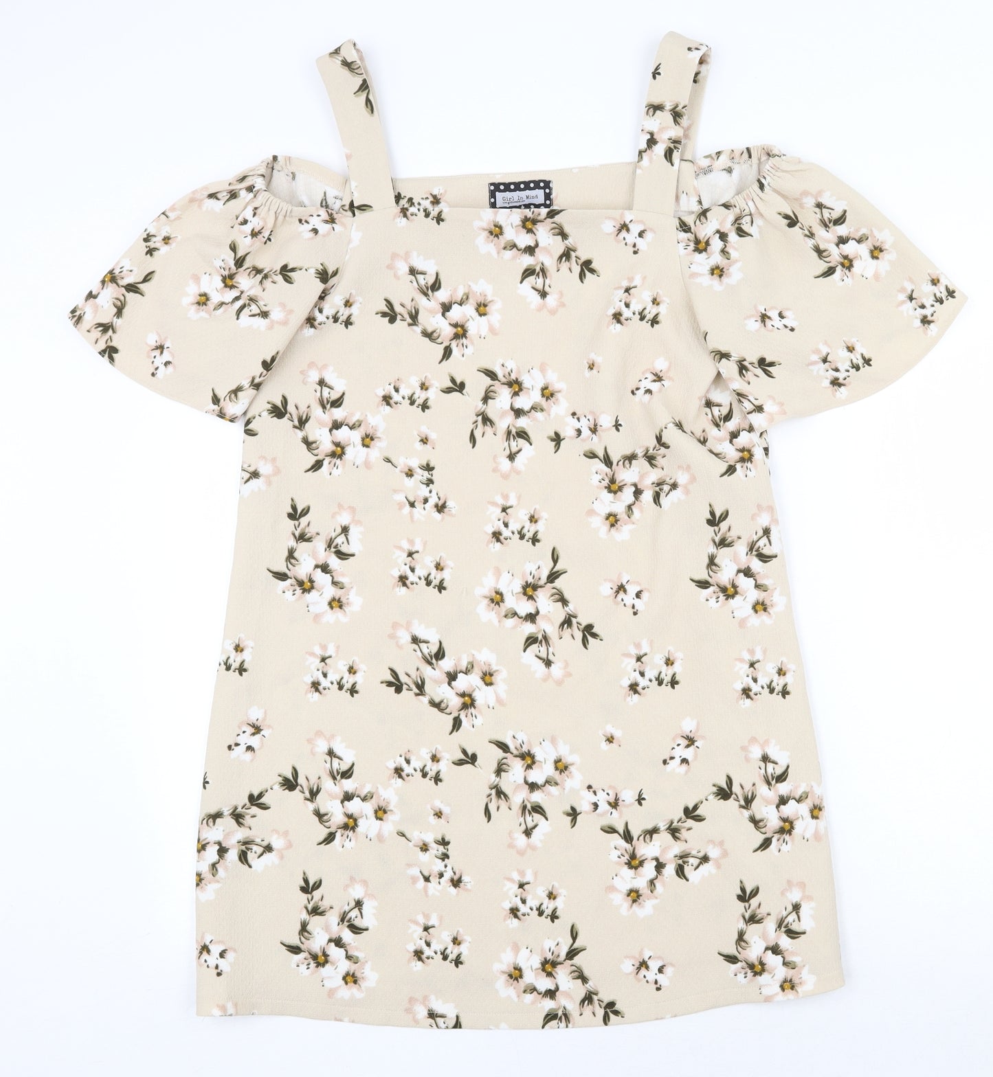 Girl in Mind Womens Beige Floral Polyester Mini Size 10 Off the Shoulder Pullover