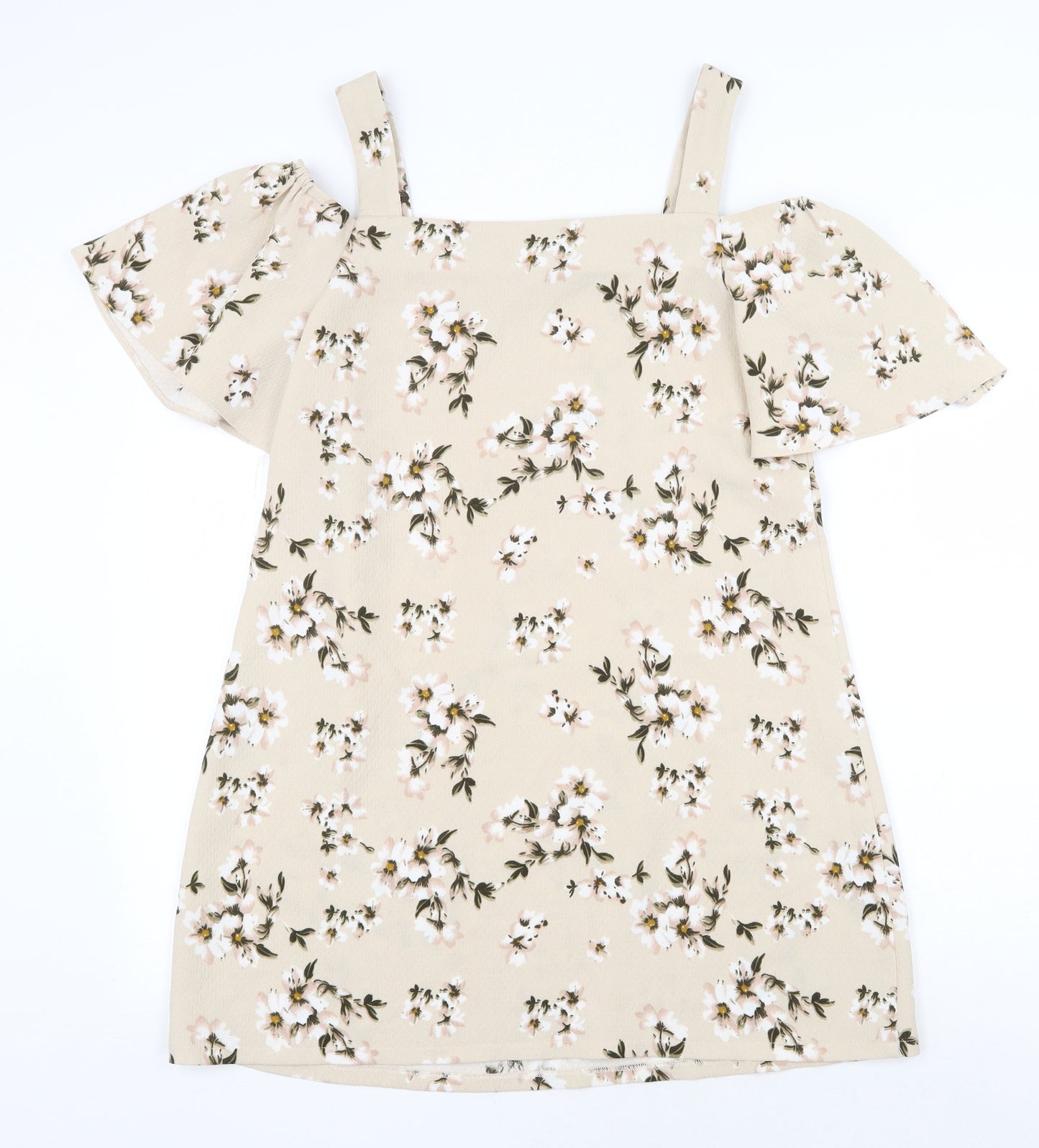 Girl in Mind Womens Beige Floral Polyester Mini Size 10 Off the Shoulder Pullover