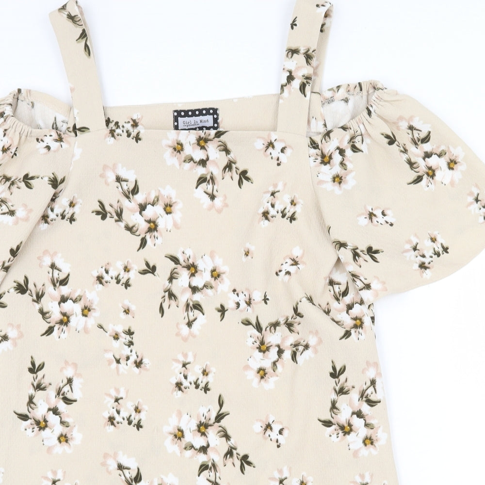 Girl in Mind Womens Beige Floral Polyester Mini Size 10 Off the Shoulder Pullover