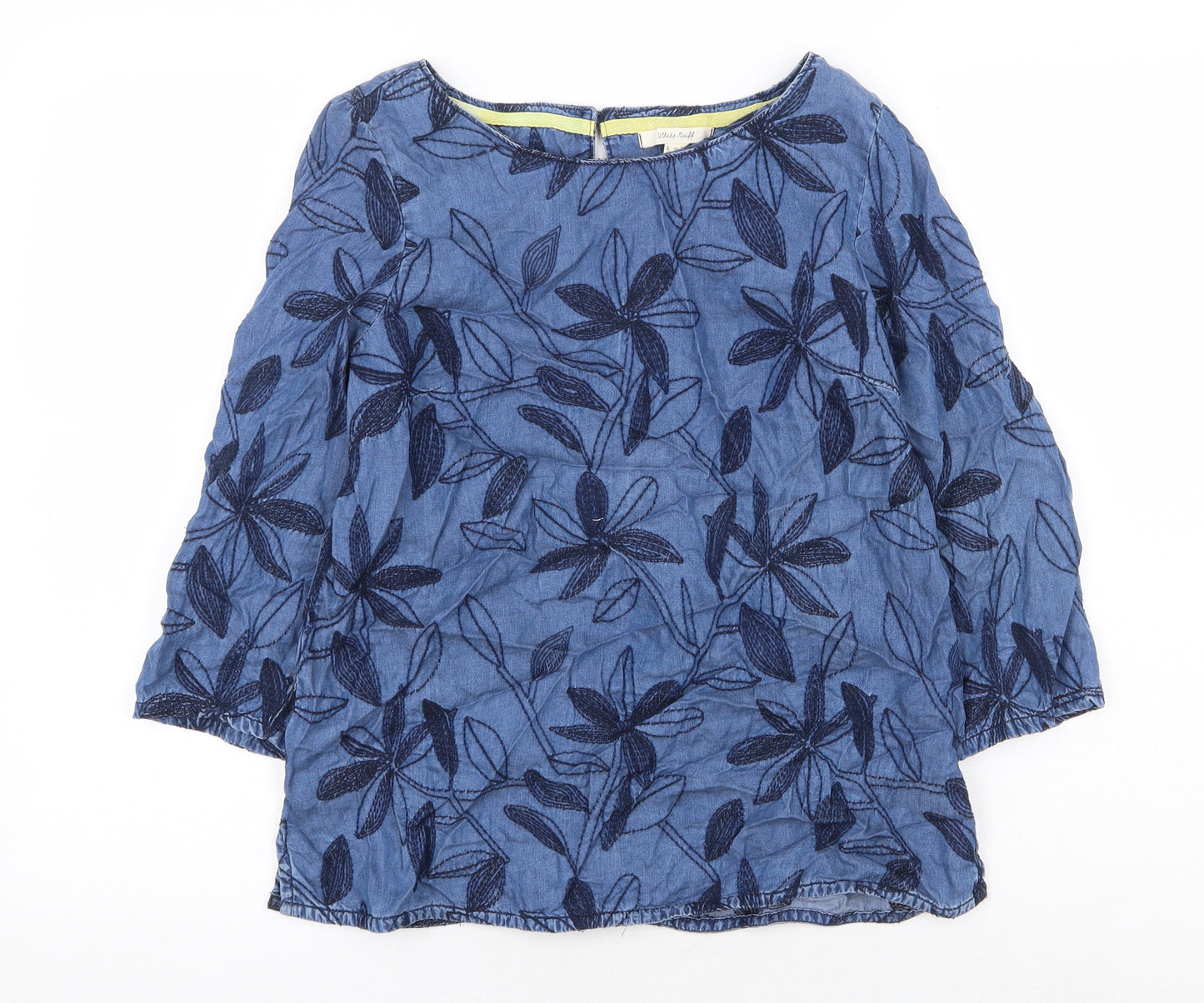 White Stuff Womens Blue Floral Lyocell Basic Blouse Size 6 Boat Neck