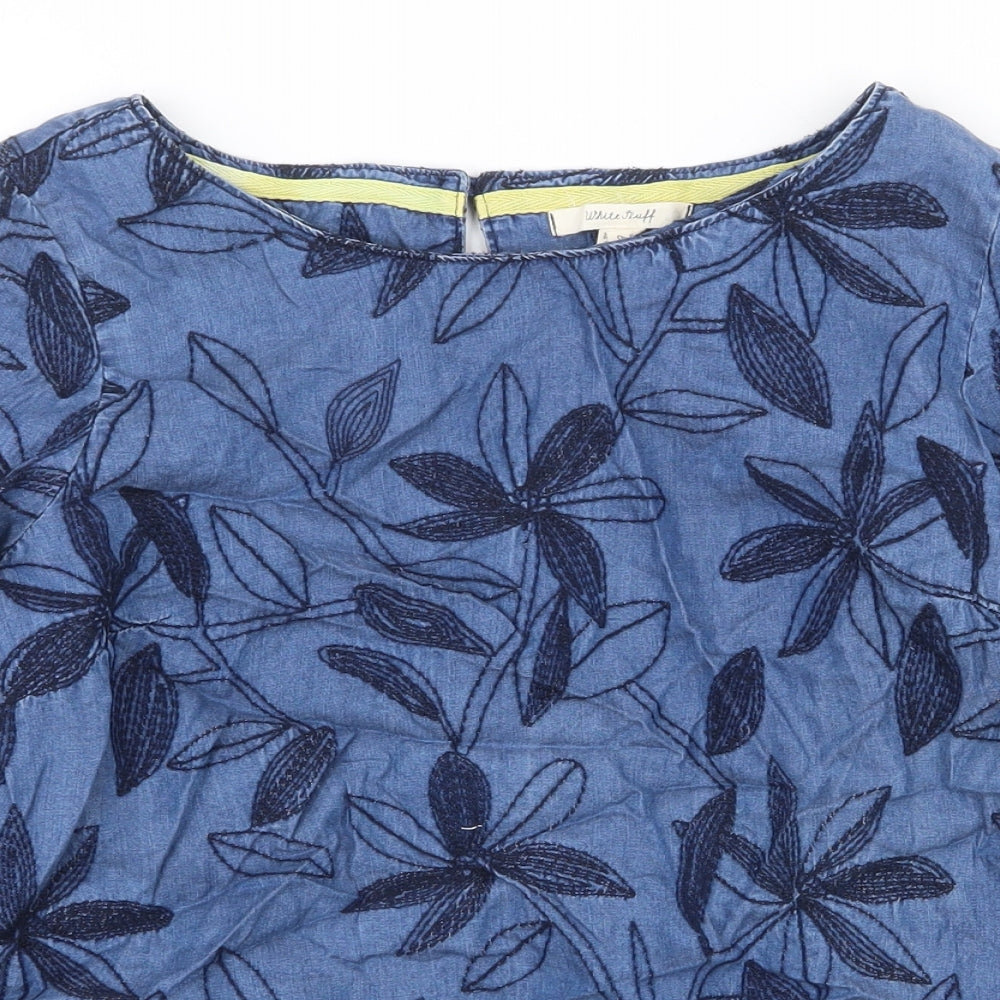 White Stuff Womens Blue Floral Lyocell Basic Blouse Size 6 Boat Neck