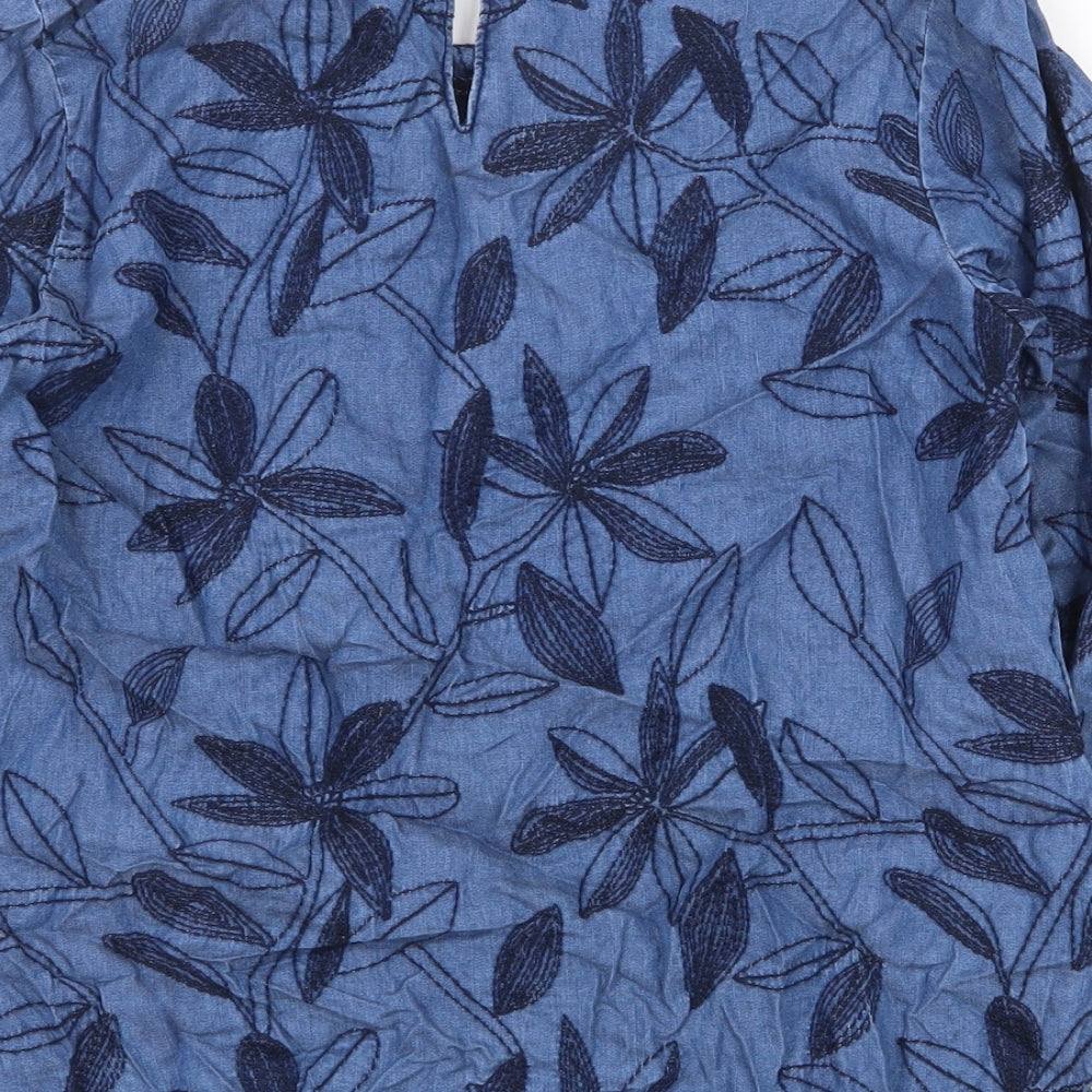 White Stuff Womens Blue Floral Lyocell Basic Blouse Size 6 Boat Neck