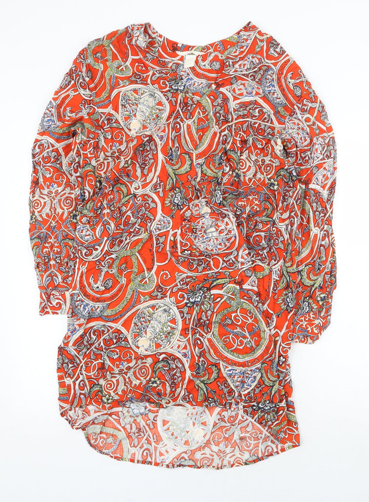 H&M Womens Orange Geometric Viscose A-Line Size 6 V-Neck Pullover