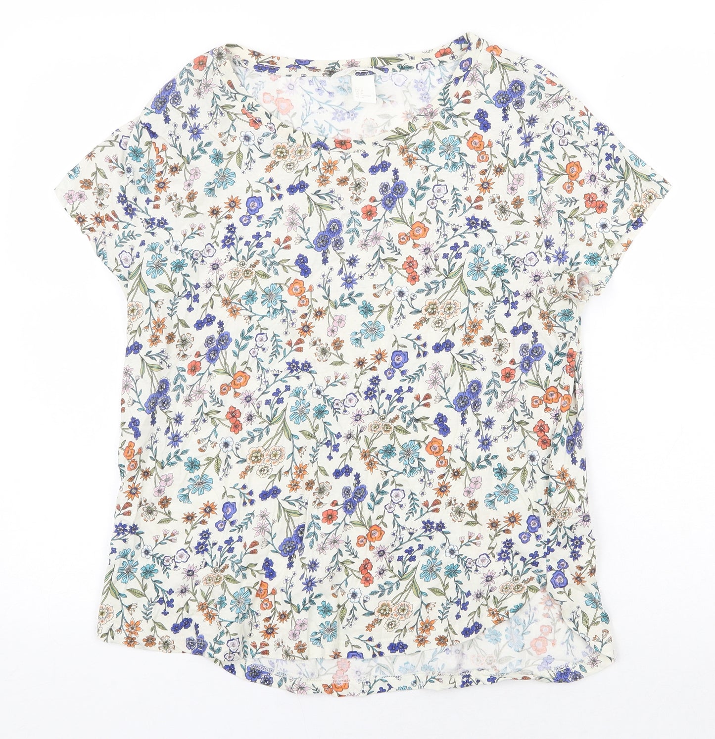 H&M Womens Beige Floral 100% Cotton Basic T-Shirt Size M Round Neck