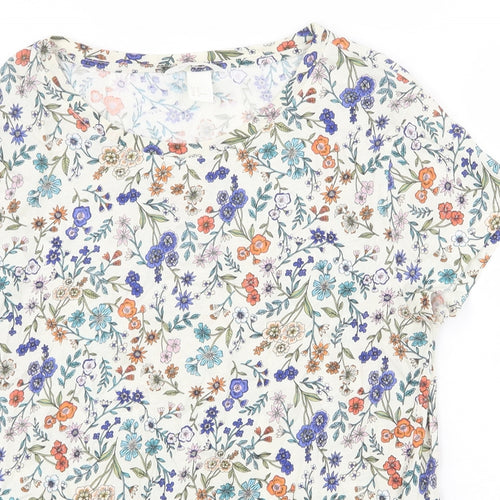 H&M Womens Beige Floral 100% Cotton Basic T-Shirt Size M Round Neck