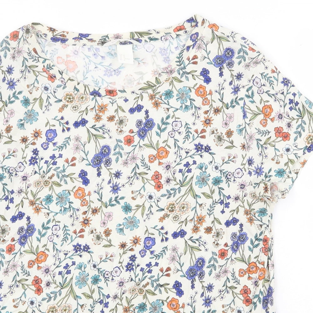 H&M Womens Beige Floral 100% Cotton Basic T-Shirt Size M Round Neck