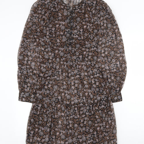 Marks and Spencer Womens Brown Floral Polyester A-Line Size 6 Round Neck Button