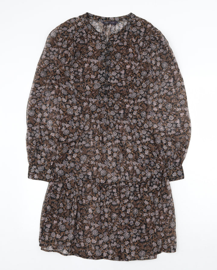 Marks and Spencer Womens Brown Floral Polyester A-Line Size 6 Round Neck Button