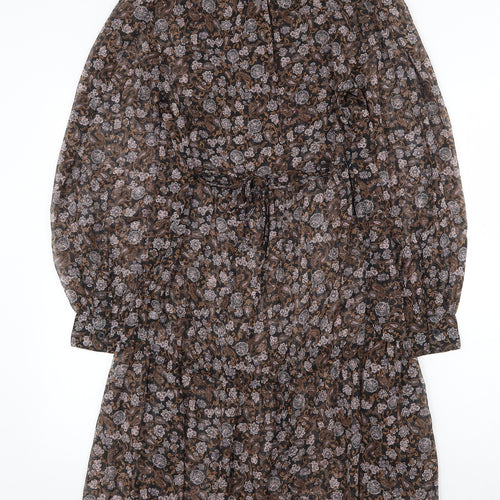Marks and Spencer Womens Brown Floral Polyester A-Line Size 6 Round Neck Button