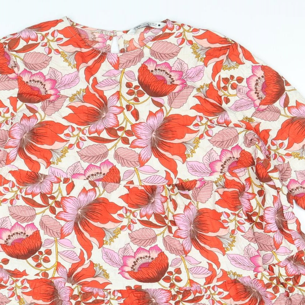 Zara Womens Multicoloured Floral Polyester Trapeze & Swing Size M Round Neck Button