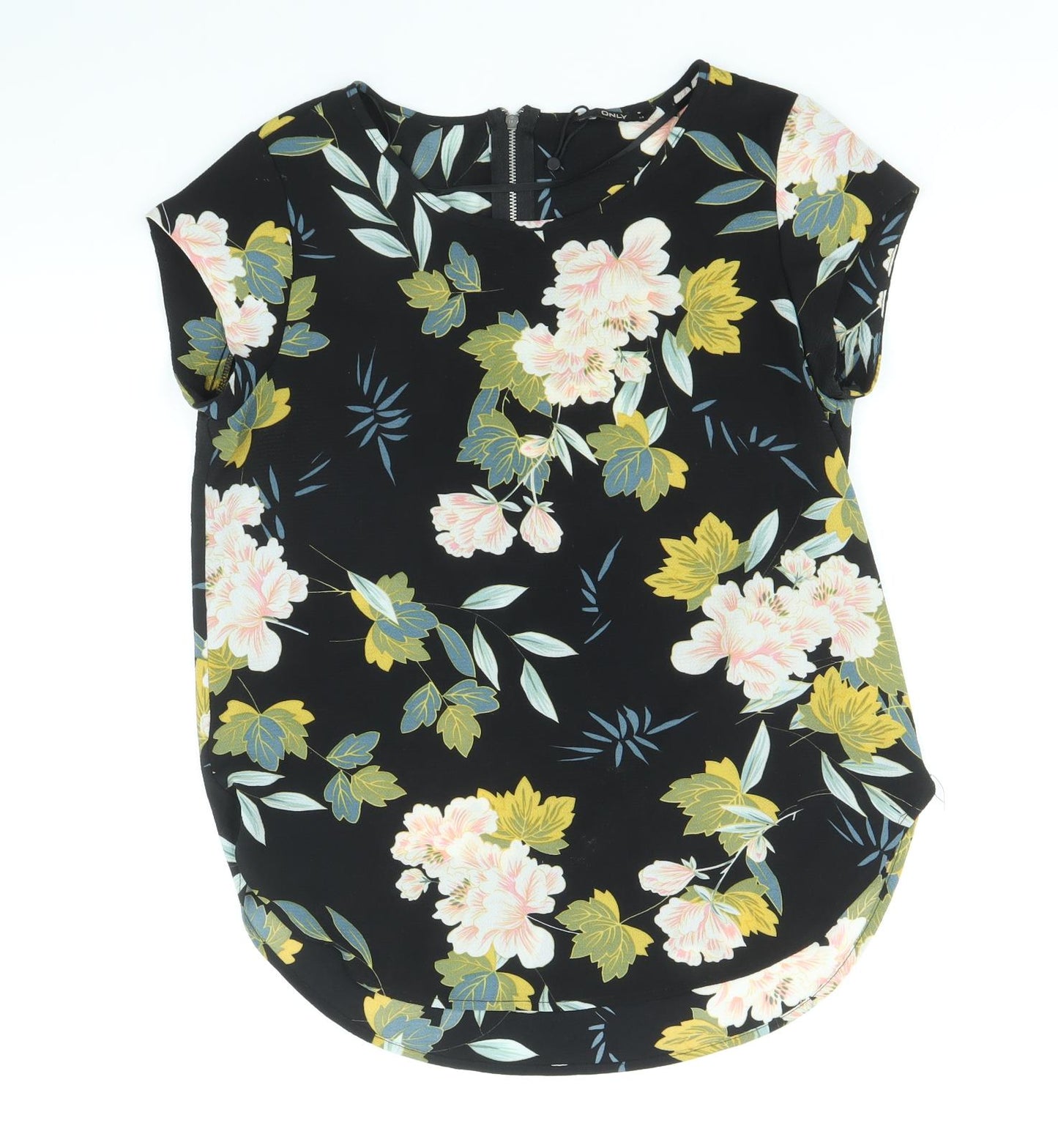 Only Womens Black Floral Polyester Basic Blouse Size 6 Scoop Neck