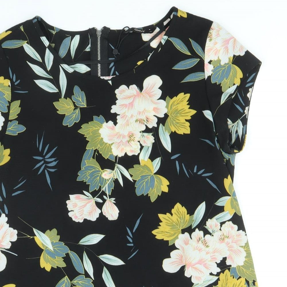 Only Womens Black Floral Polyester Basic Blouse Size 6 Scoop Neck