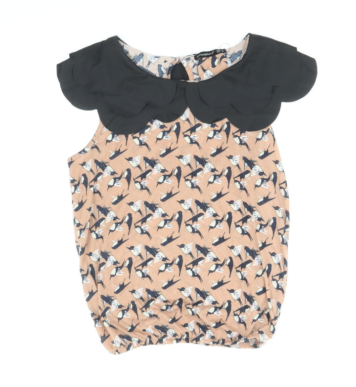 Atmosphere Womens Brown Geometric Polyester Basic Blouse Size 10 Collared - Bird Print Elastic Hem