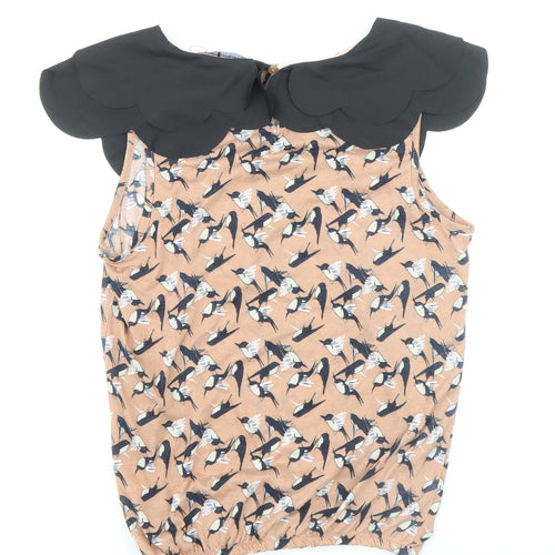 Atmosphere Womens Brown Geometric Polyester Basic Blouse Size 10 Collared - Bird Print Elastic Hem