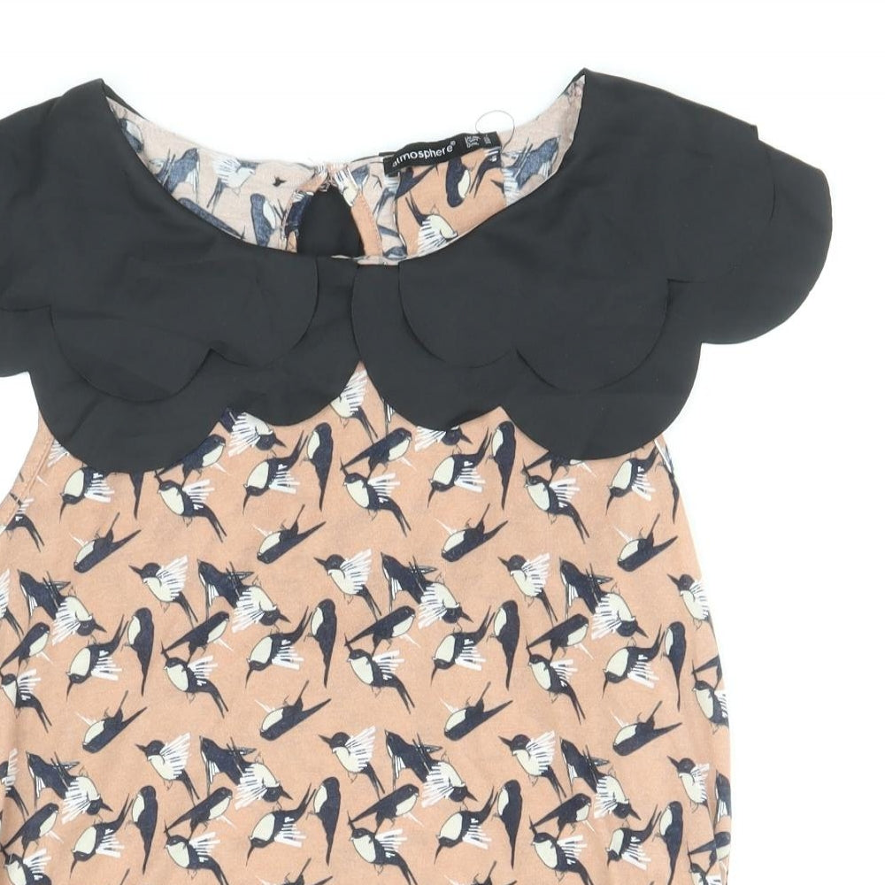 Atmosphere Womens Brown Geometric Polyester Basic Blouse Size 10 Collared - Bird Print Elastic Hem