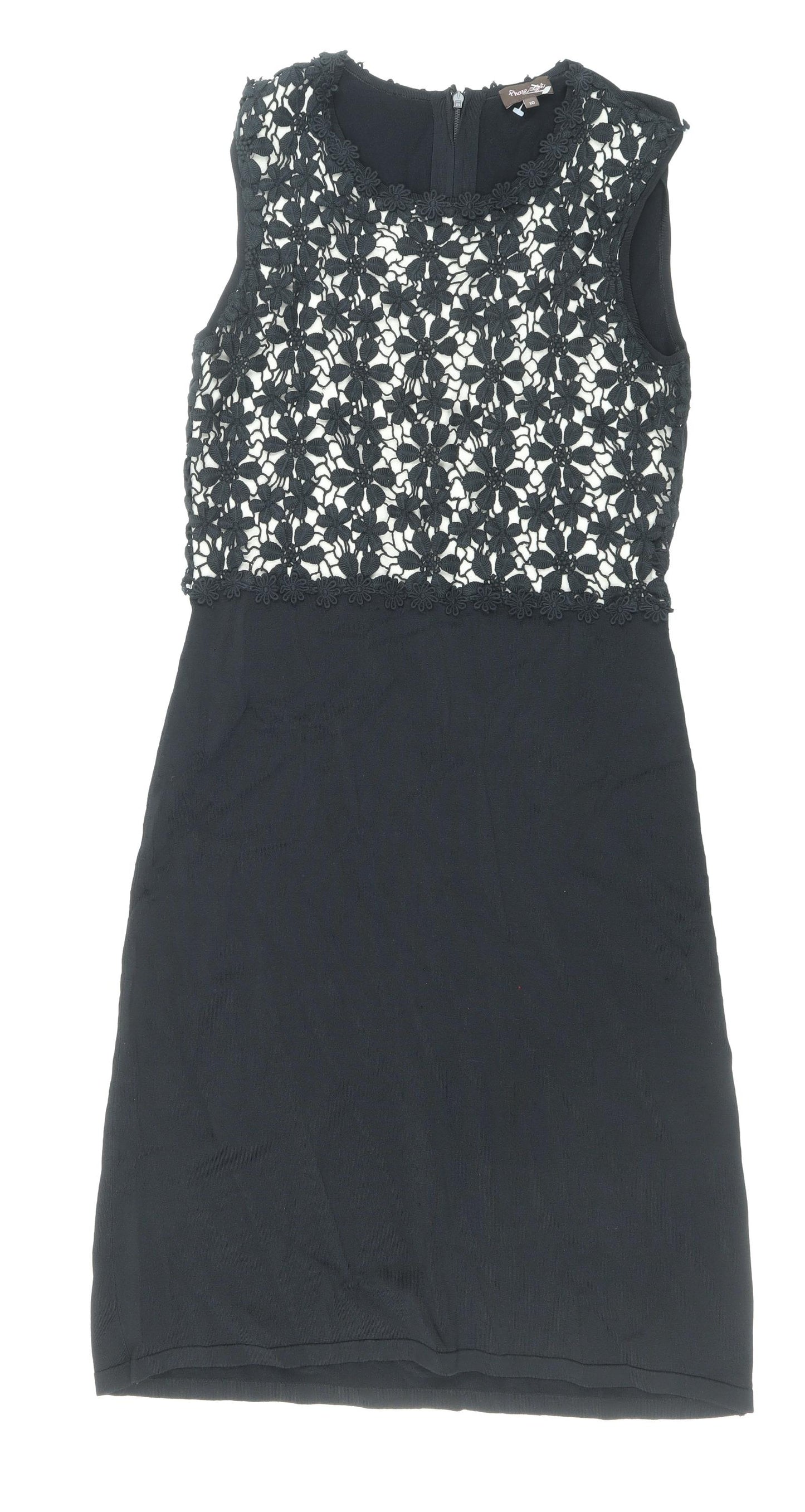 Phase Eight Womens Black Viscose Pencil Dress Size 10 Boat Neck Zip - Lace Top