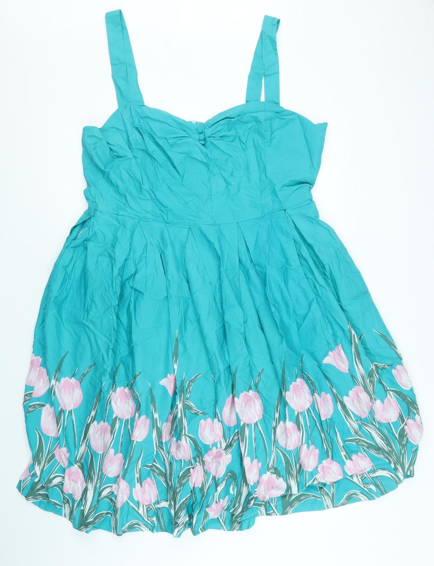 Lindy Bop Womens Blue Floral Cotton Tank Dress Size 20 Sweetheart Zip