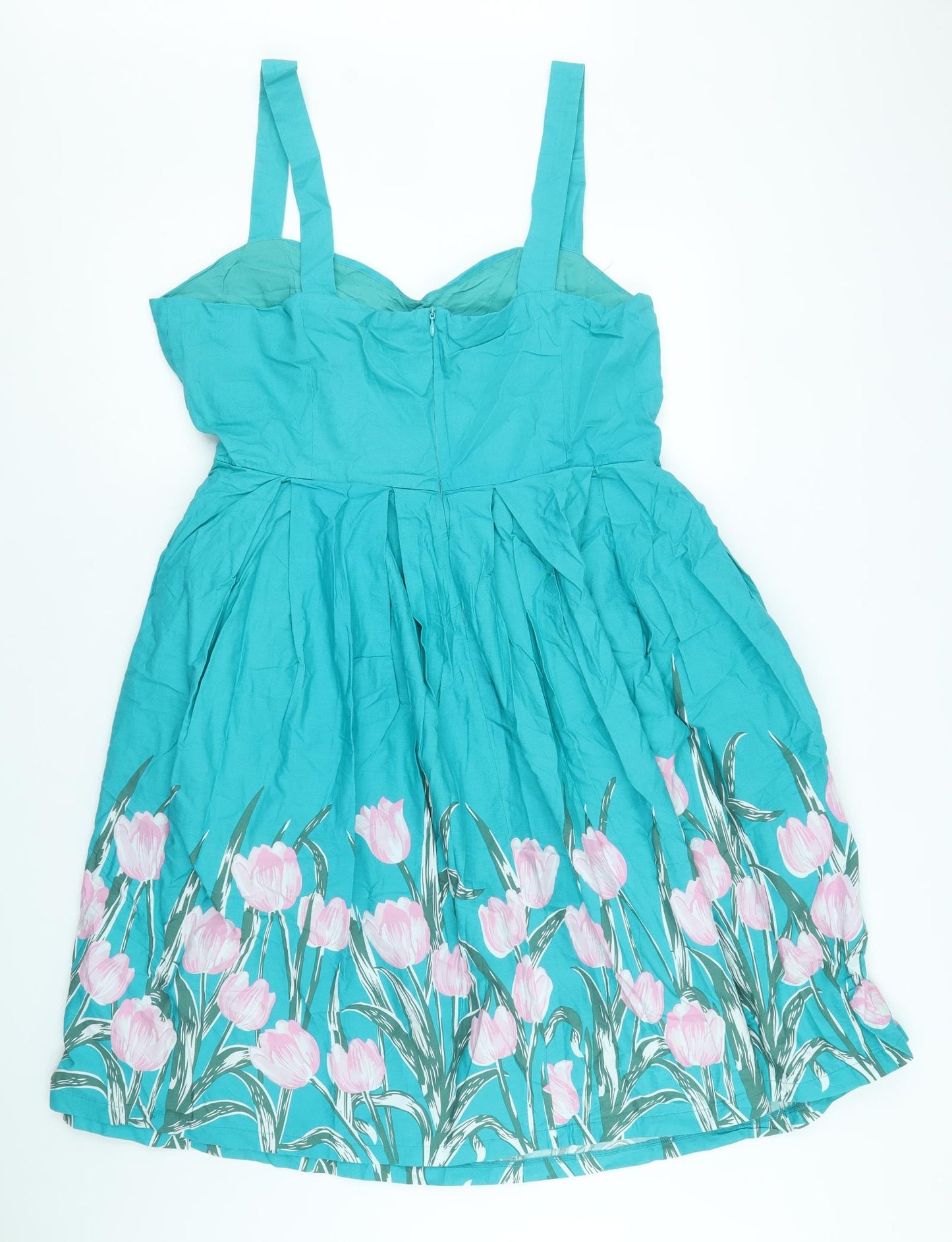 Lindy Bop Womens Blue Floral Cotton Tank Dress Size 20 Sweetheart Zip