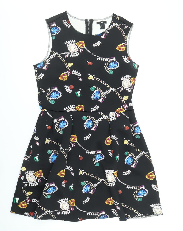 H&M Womens Black Geometric Polyester Skater Dress Size L Round Neck Zip