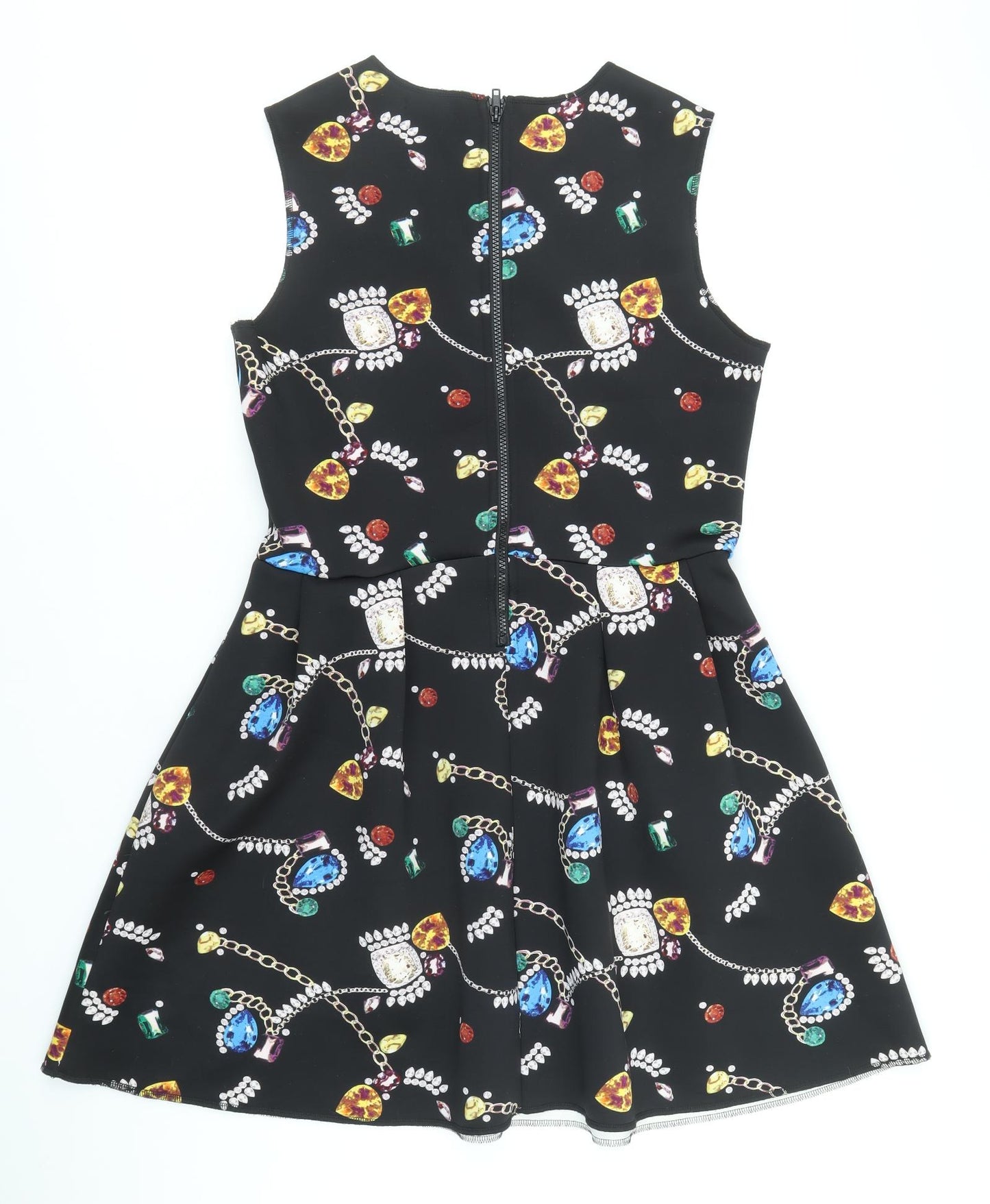 H&M Womens Black Geometric Polyester Skater Dress Size L Round Neck Zip