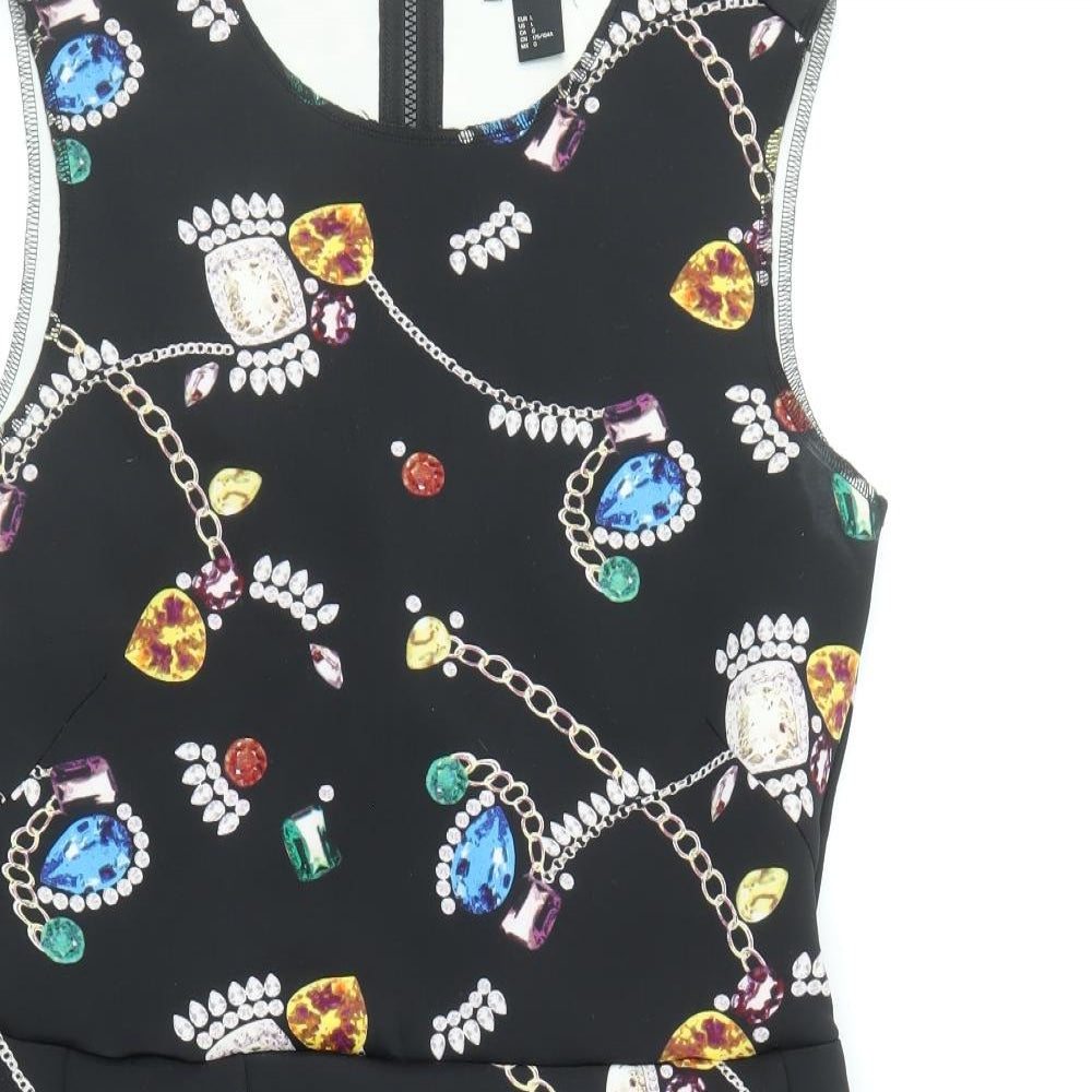 H&M Womens Black Geometric Polyester Skater Dress Size L Round Neck Zip