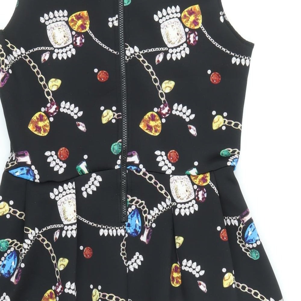 H&M Womens Black Geometric Polyester Skater Dress Size L Round Neck Zip