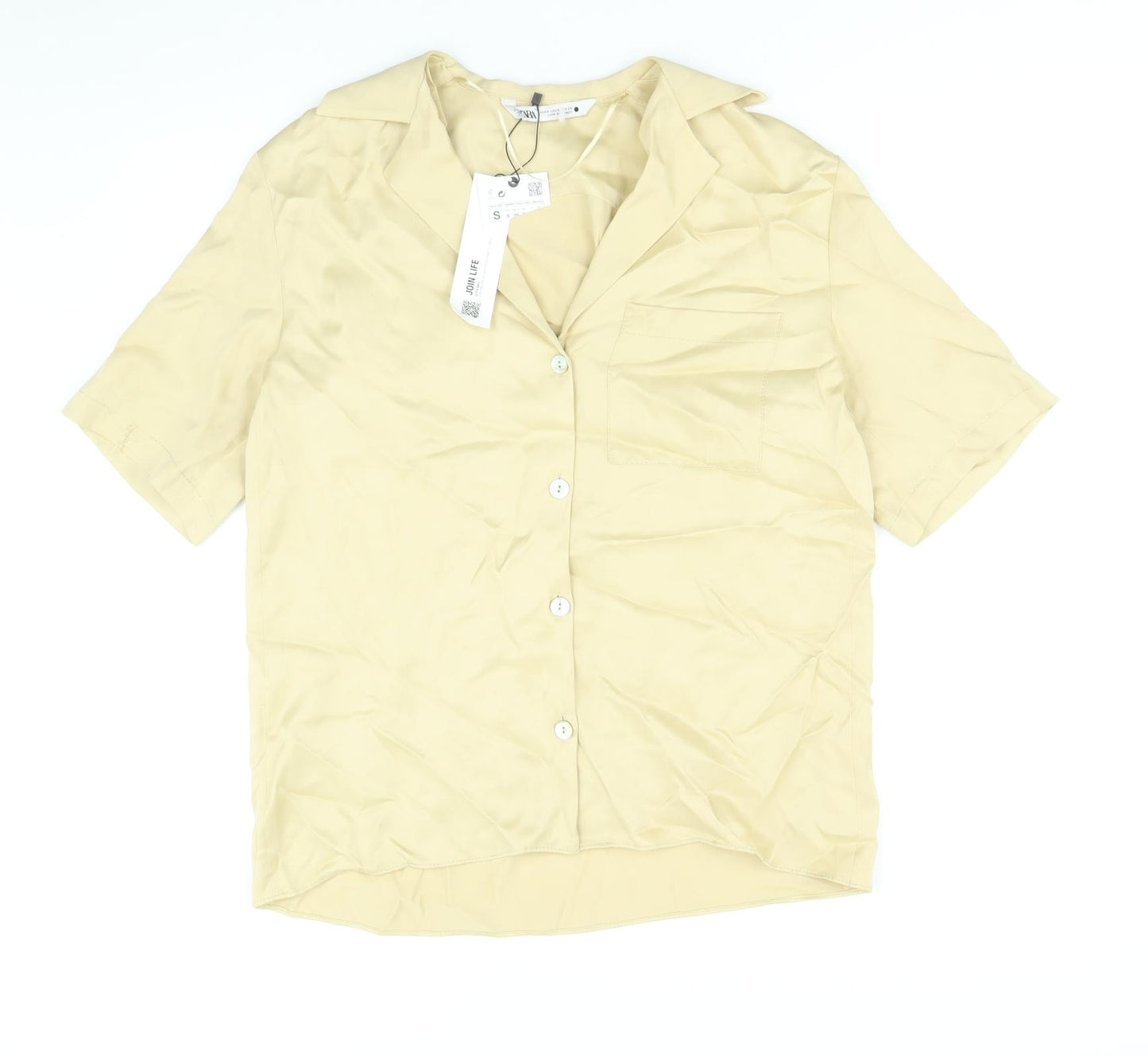 Zara Womens Gold Viscose Basic Button-Up Size S V-Neck