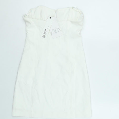 Zara Womens White Polyester Mini Size M Sweetheart Zip - Embellished Neckline