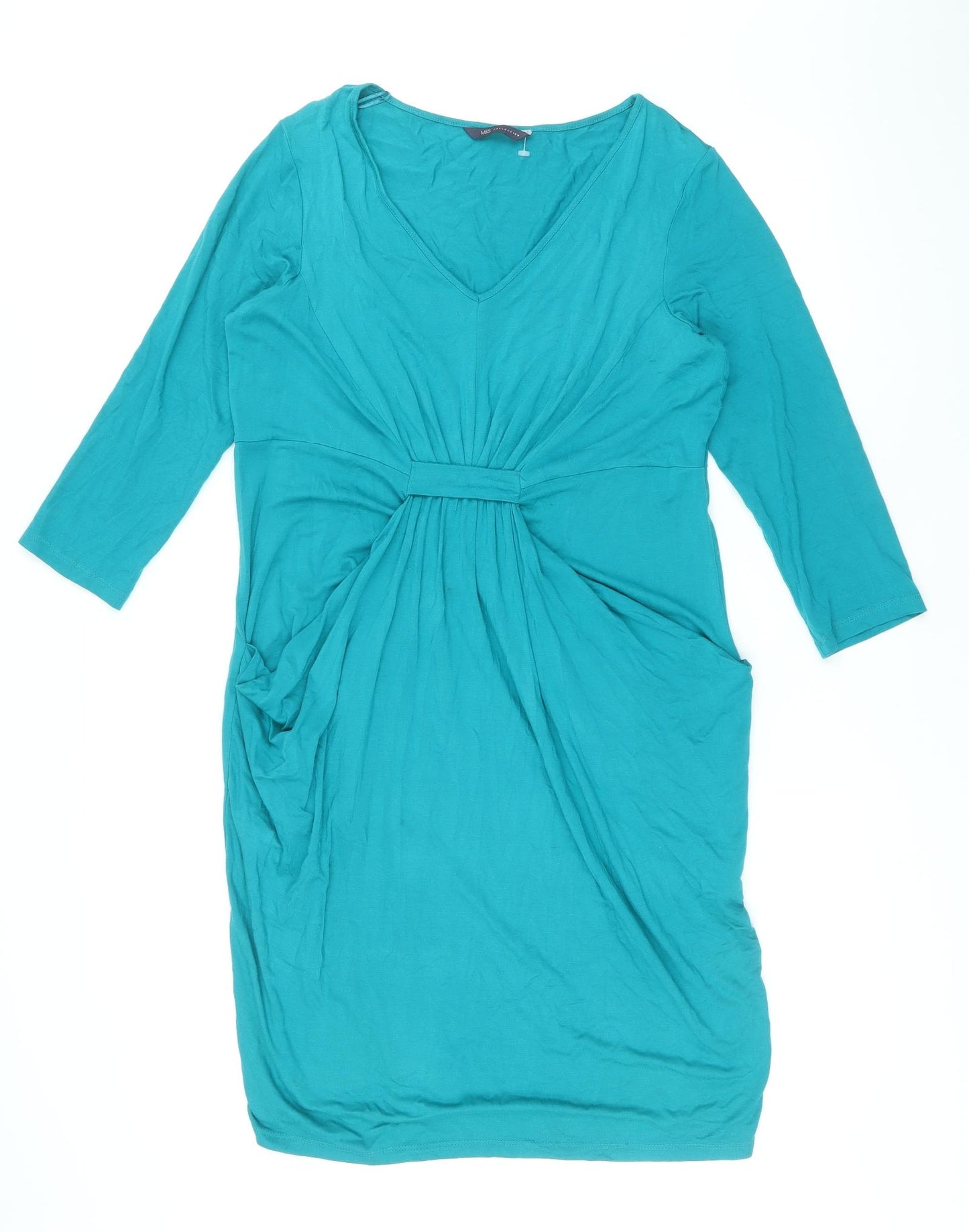 Marks and Spencer Womens Blue Viscose Sheath Size 14 V-Neck Pullover - Ruched Detail
