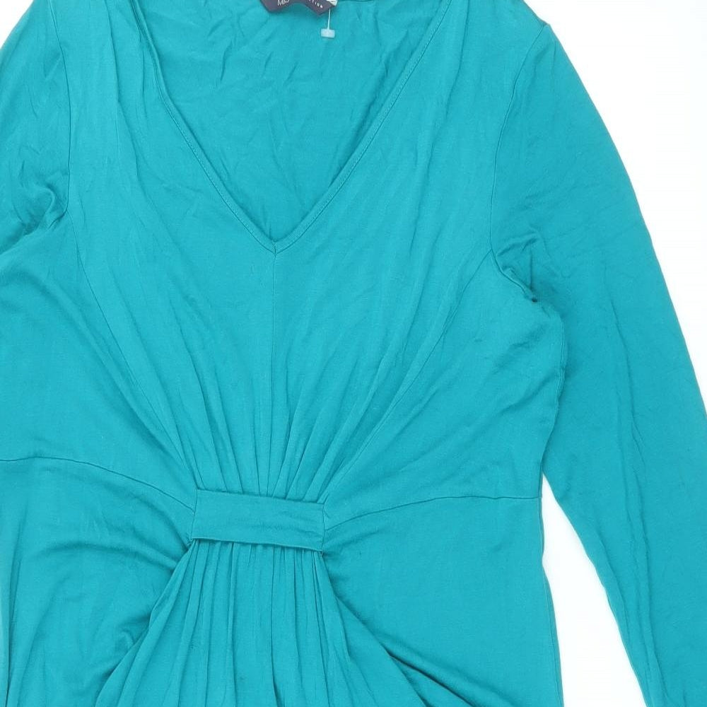 Marks and Spencer Womens Blue Viscose Sheath Size 14 V-Neck Pullover - Ruched Detail
